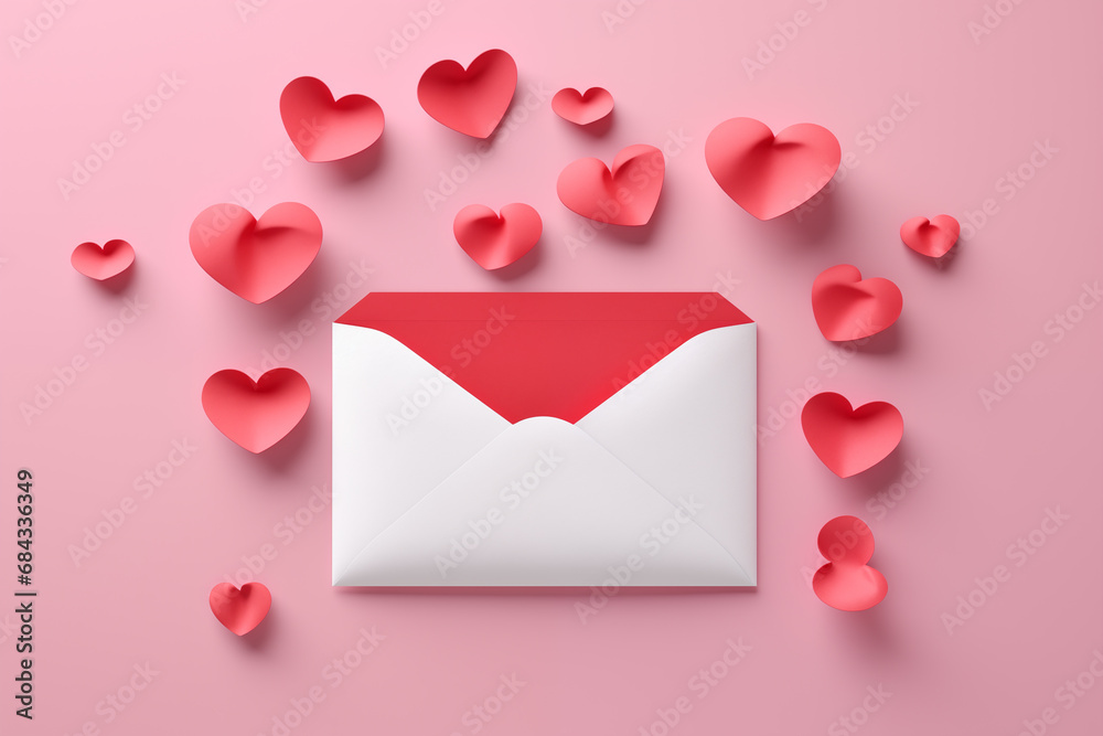 3D Valentine's Day envelope around the red hearts in pastel tone background. 3D Valentine's Day envelope around the red hearts in pastel tone background.