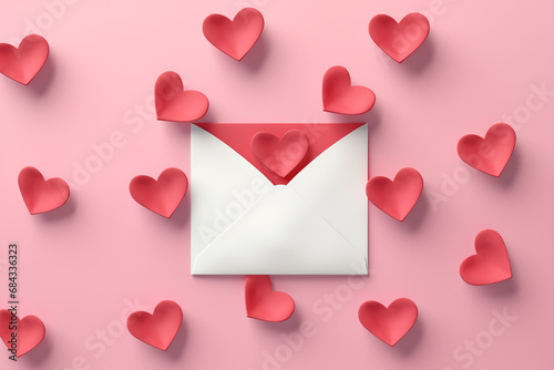 3D Valentine's Day envelope around the red hearts in pastel tone background. 