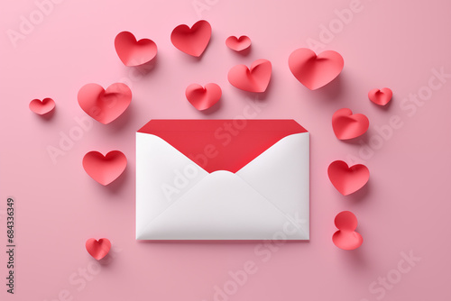3D Valentine's Day envelope around the red hearts in pastel tone background. 
