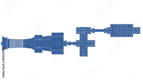 Centrifugal compressor, gearbox, and aeroderivative gas turbine turbomachinery blueprint drawing showing couplings, journal bearings, single helical gears, impellers, and thrust bearings