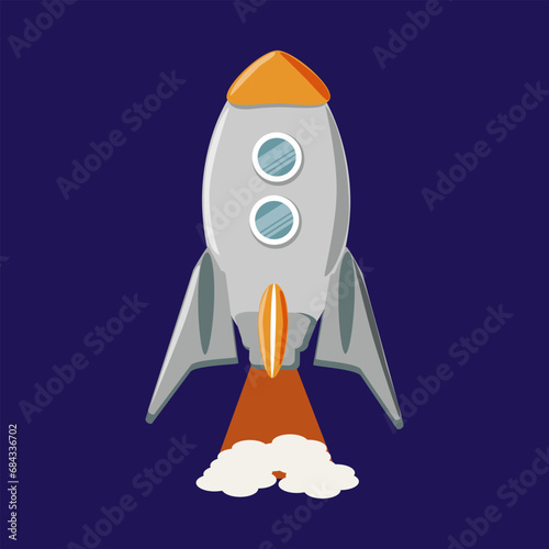 Fototapeta Naklejka Na Ścianę i Meble -  Rocket taking off with burning fuel on dark blue background - vector cartoon illustration for design