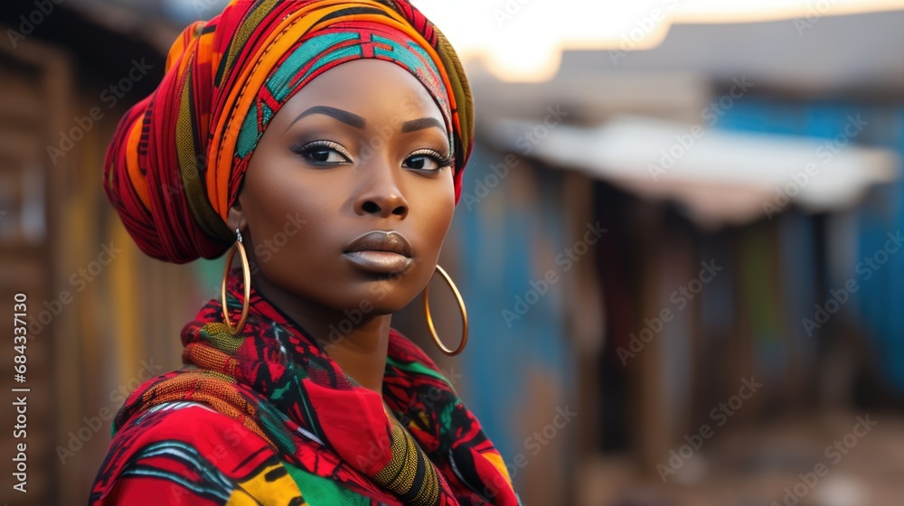 African woman wearing traditional national clothing and head wrapper. Black History Month concept. Black beautiful lady close-up portrait dressed in colourful cloth and jewellery. . - obrazy, fototapety, plakaty 