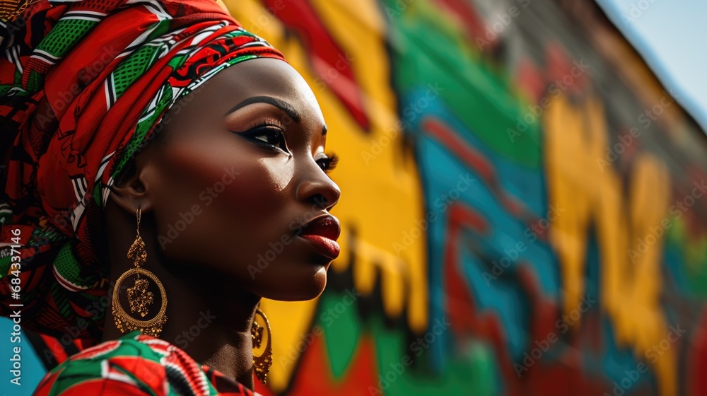 African woman wearing traditional national clothing and head wrapper. Black History Month concept. Black beautiful lady close-up portrait dressed in colourful cloth and jewellery. .