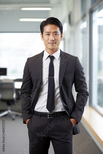 Portrait of an Asian businessman standing in an office with hands in pockets