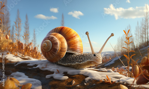 A cartoon snail hurries through the winter forest.