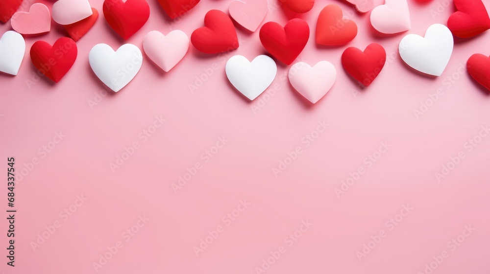 Valentine's day background with red and white hearts on pink background