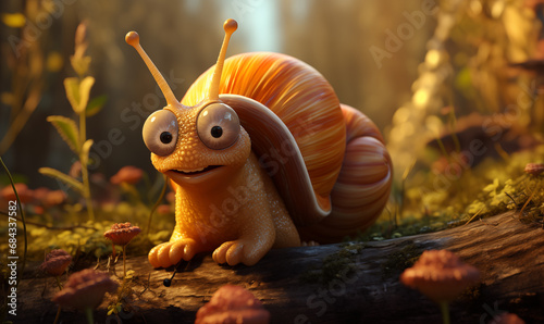 A cartoon snail hurries through the autumn forest.