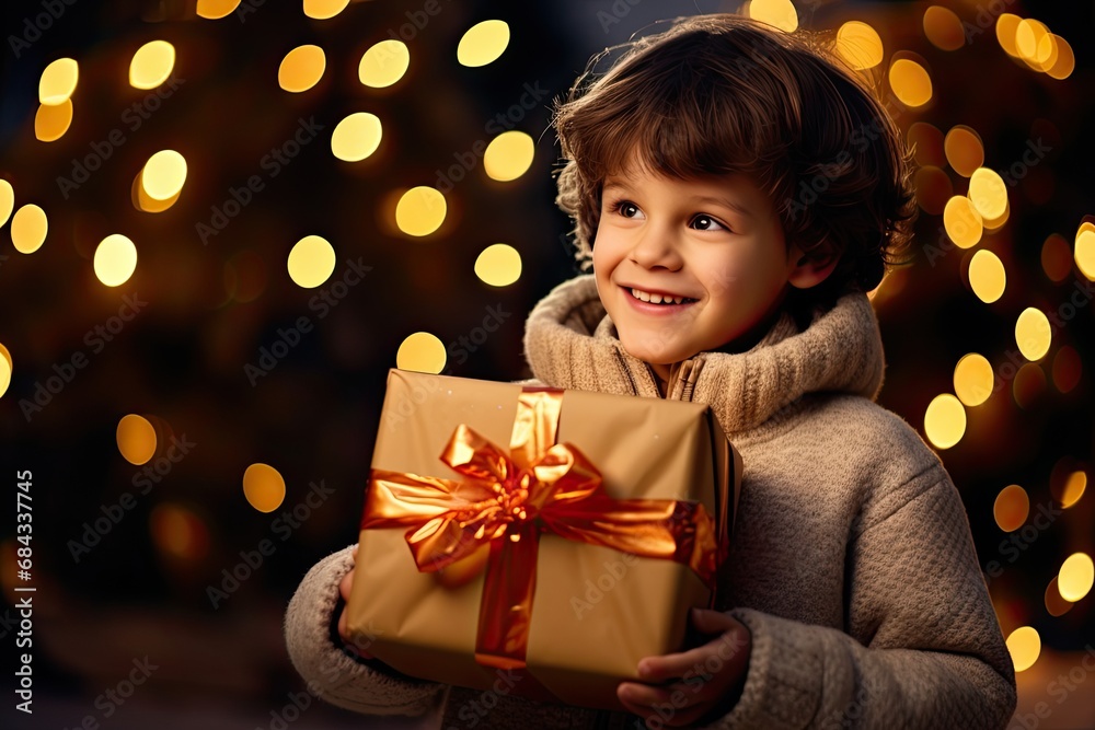 A happy, smiling child with a Christmas gift, celebrating the holiday with joy and festivity at home. A happy, smiling child with a Christmas gift, celebrating the holiday with joy and festivity at home.