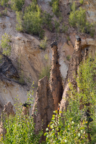 Close up of rock formation of soil figures and mineral water springs, The Devil’s Town (Đavolja varoš), southern part of Serbia, on the slopes of Radan mountain.