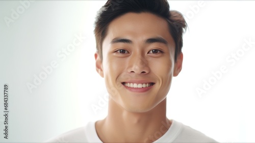 A Southeast Asian Man Smiling with Flawless Glowy Skin with Copy Space Isolated on the White Background
