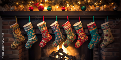A close-up shot of a fireplace mantle adorned with a row of colorful and festive stockings © Nate