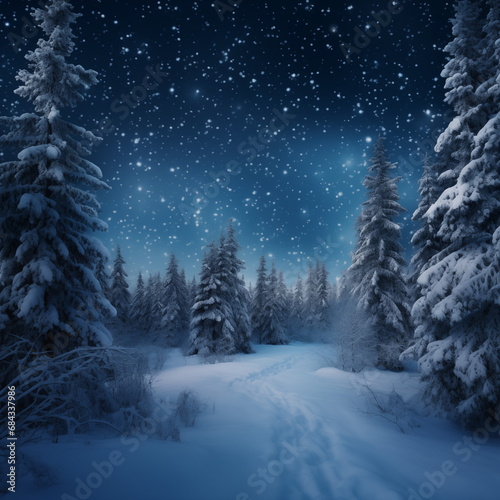 Winter forest in the night. Beautiful winter landscape.