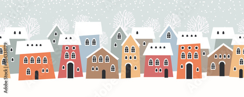 Seamless pattern winter landscape, Celebrating Christmas and New Year. Panorama. Seamless border with winter cityscape. Snowy night in a cozy city. Winter Christmas Village NIGHT landscape.