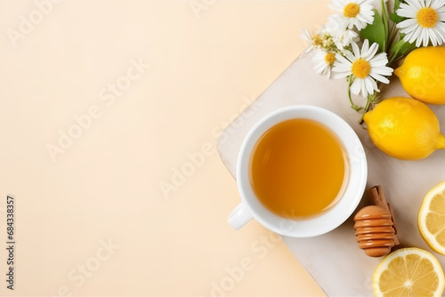 Chamomile tea cup with honey, ginger and lemon, top wiev, flat lay, copy space