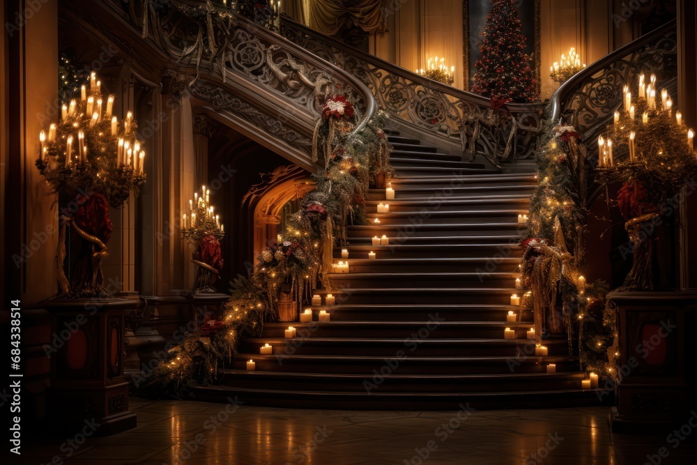 staircase at palace decorated with candles. Luxury interior of event or wedding venue Christmas candlelight decorated. 