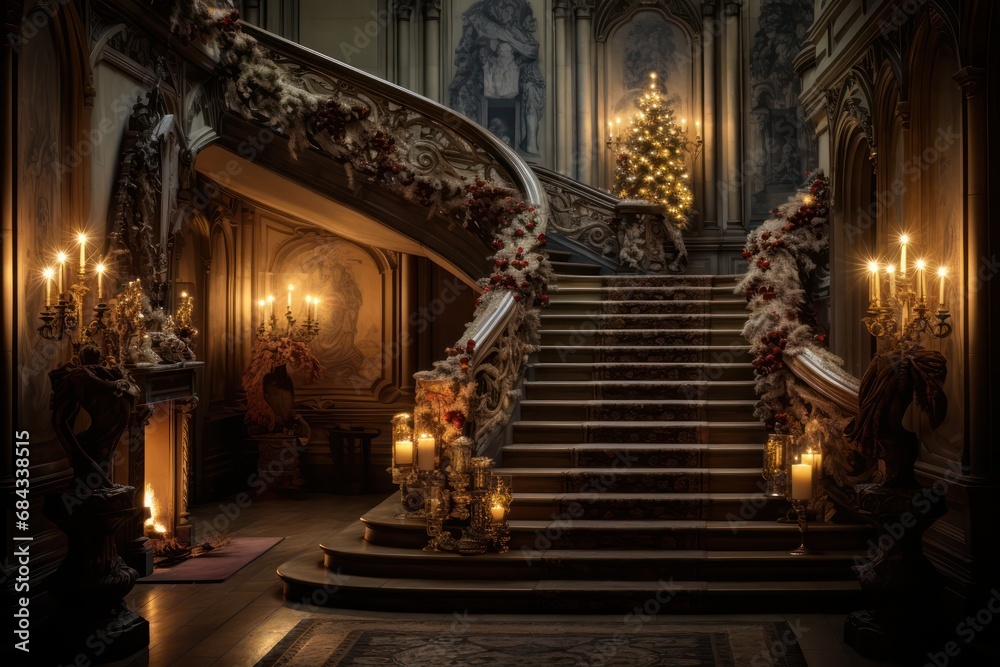 staircase at palace decorated with candles. Luxury interior of event or wedding venue Christmas candlelight decorated.  - obrazy, fototapety, plakaty 