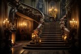 staircase at palace decorated with candles. Luxury interior of event or wedding venue Christmas candlelight decorated. 