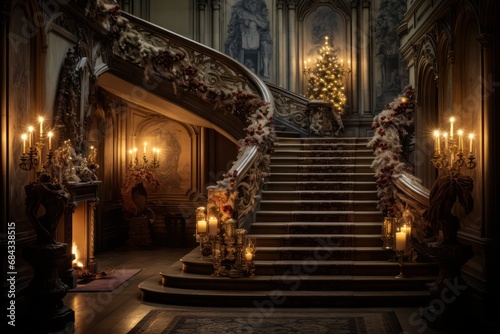 staircase at palace decorated with candles. Luxury interior of event or wedding venue Christmas candlelight decorated.  photo