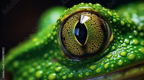 Close-up photography of the eye of a green tree frog, diffuse spot lighting, macro photo style photo