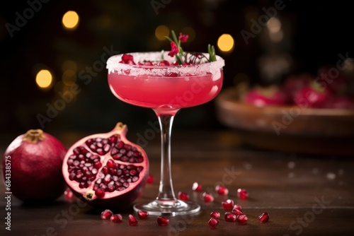 Christmas pomegranate pink cocktail. Winter and autumn drinks. Thanksgiving red fruit mocktail.