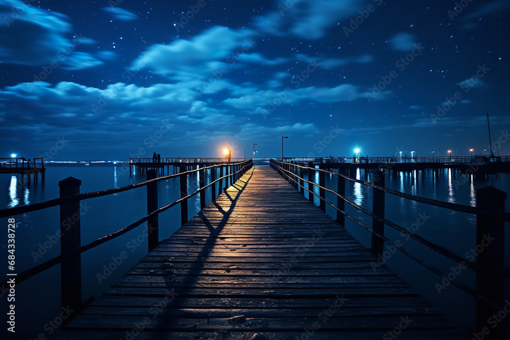 Dark moonlit pier at night with wooden walkway