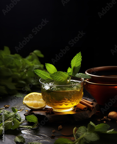Extreme close-up of arab mint tea on a dark background, professional minimal photography for a fine food magazine