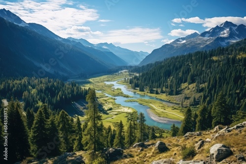 Idyllic Alpine Landscape: Majestic Mountains, Lush Forests, and a Crystal-Clear River