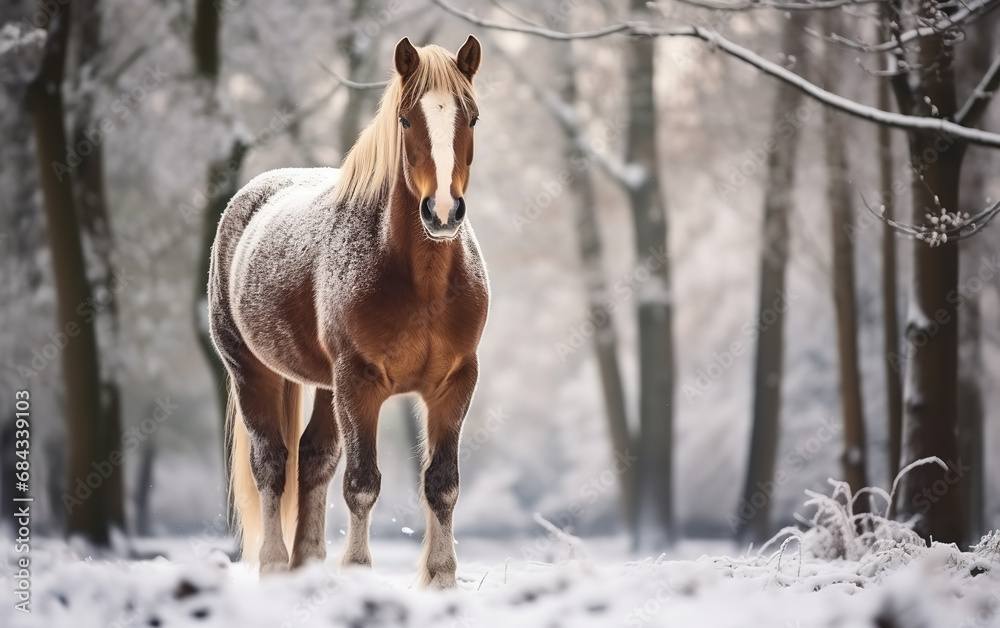 Horse in forest during snowfall, atmospheric winter view Horse in forest during snowfall, atmospheric winter view