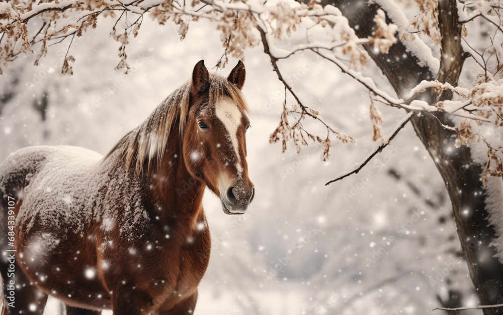 Horse in forest during snowfall, atmospheric winter view Horse in forest during snowfall, atmospheric winter view