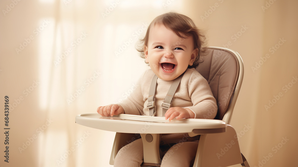 Laughing baby in a high chair, in the style of a stock photo, smart ...