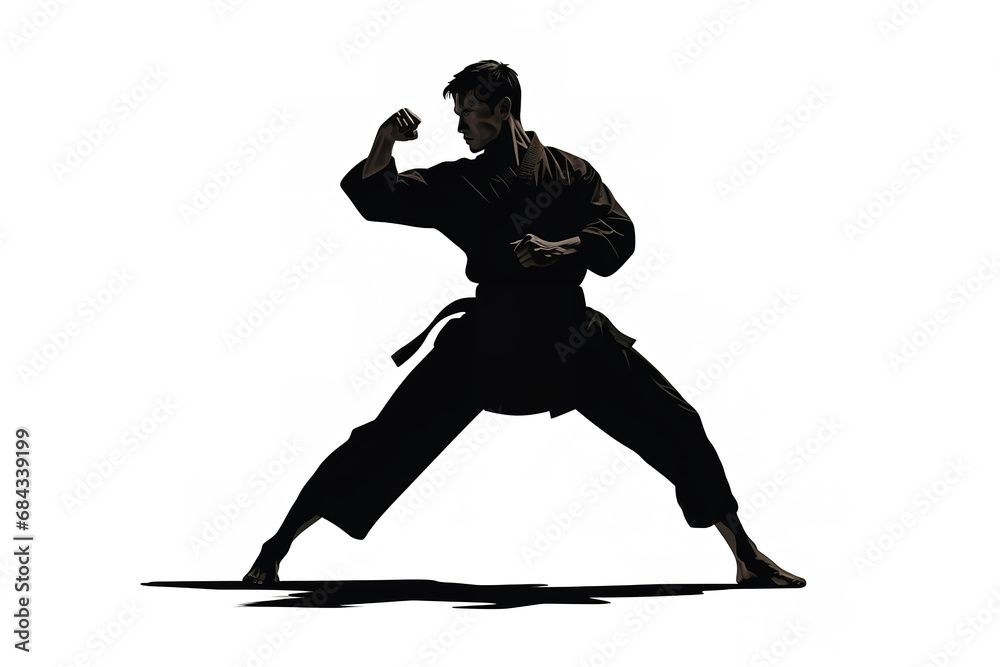 Martial artist in stance, side view, black silhouette, full black fill color, flat color, solid black, white background