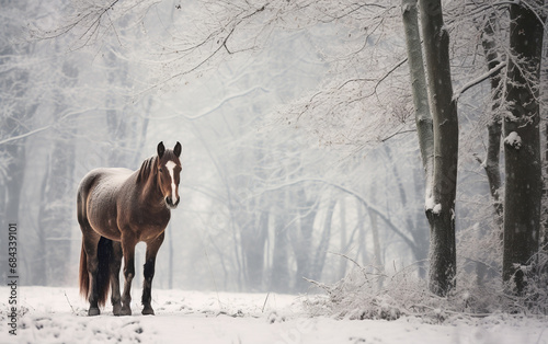 Horse in forest during snowfall  atmospheric winter view