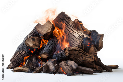 Image of firewood burning on a white background, in the style of photo-realistic