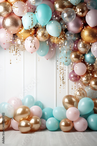 Multicolor metallic balloons surrounding white arch on white wall, glitter