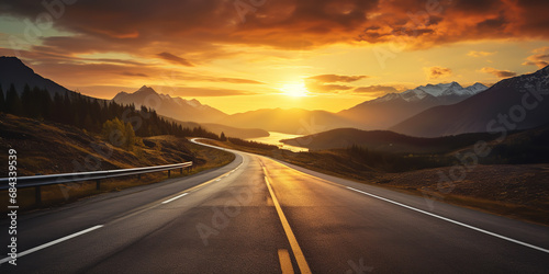Road to mountain autumn, sunset