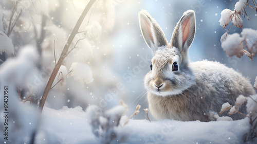  White hare on the background of a winter, snowy forest with bokeh and copy space. Wild animals in winter. Christmas card. © Tetiana