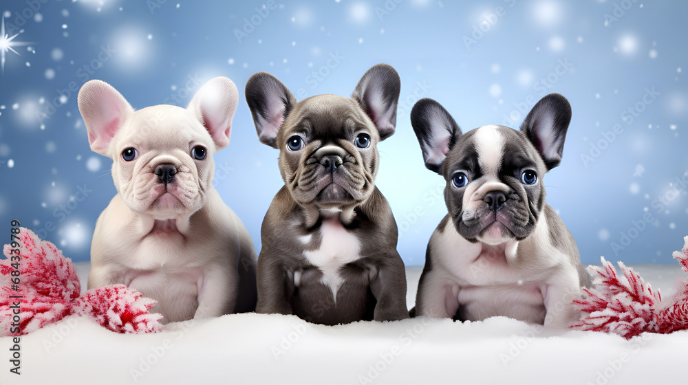 Three Cute dogs French Bulldog on a snowy background with copy space. Funny Christmas puppies Copy space.