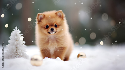 Cute red Pomeranian dog in winter clothes on a snowy background with copy space. Funny Pomeranian Spitz puppy. Copy space. © Tetiana