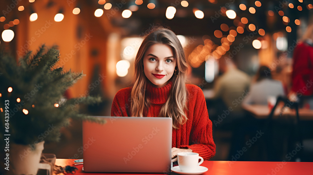 A beautiful young freelancer or student girl with red lips and a red sweater works with a computer in a cafe at a table with Christmas lights, looking at the camera and smiling