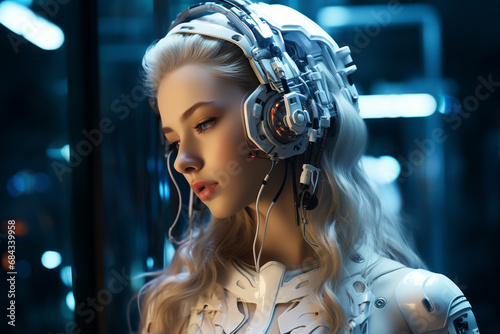 White futuristic robot in helmet, looks like beautiful female face on isolated background. AI Generative