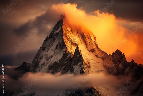 Breathtaking Cinematic View of Serene Clouds Cascading Over Majestic Mountain Summit. © Artem Zatsepilin