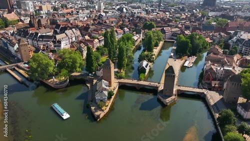 Aerial view of the cityscape of Petite France. Strasbourg, France. Barrage Vauban with medieval bridge Ponts Couverts photo