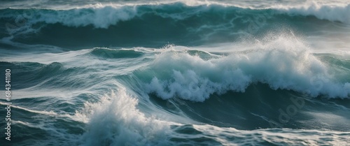 The dynamic movement of ocean waves captured from above, with the churning of deep blues and frothy photo