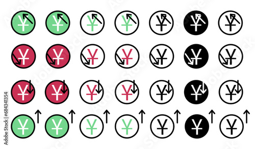 Yuan rate icon set. Money symbol with stretching arrow up and down. rising prices and grow. Business cost sale icon. cash salary increase. investment growth. vector illustration.