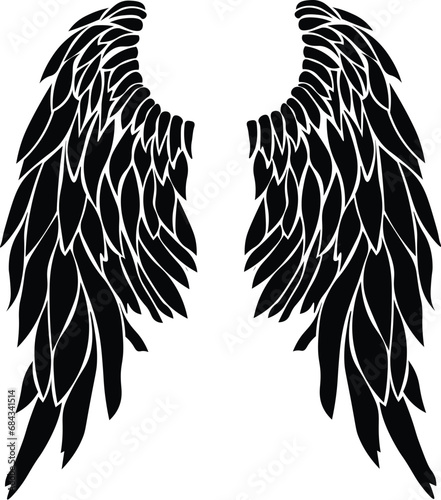 Cartoon Black and White Isolated Illustration Vector Of A Pair of Feathered Angel Wings