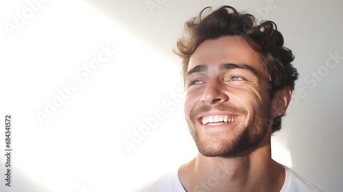 A Woman Smiling with Flawless Glowy Skin with Copy Space Isolated on the White Background
