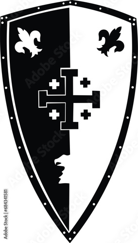 Cartoon Black and White Isolated Illustration Vector Of An Heraldic Antique Decorated Armor Shield 