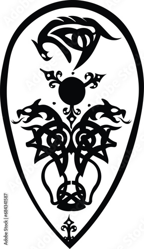 Cartoon Black and White Isolated Illustration Vector Of An Heraldic Antique Decorated Armor Shield 