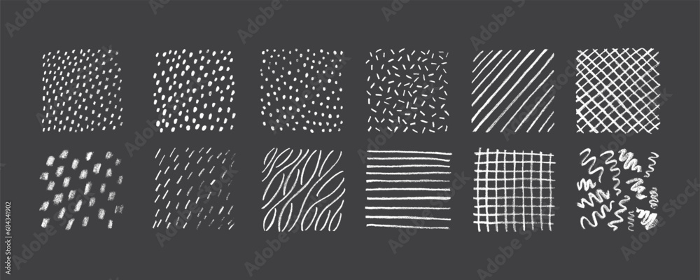 Hand drawn pencil textures pattern set. Crayon paint scratch lines and dots. Vector stock grunge doodle scrawl isolated for design template highlight text, illustration or abstract background.