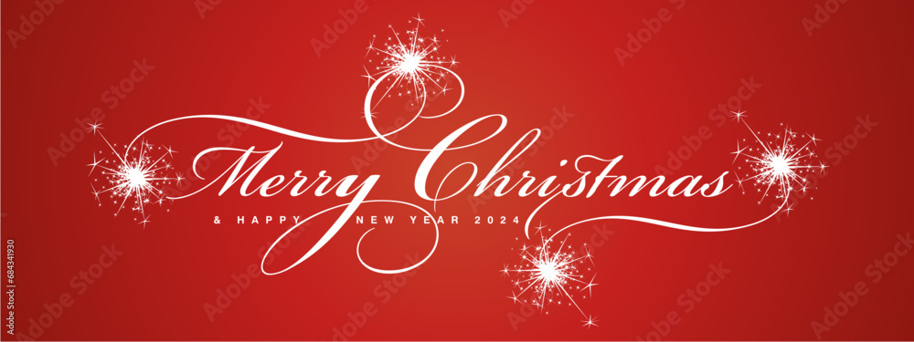 Merry Christmas and Happy New Year beautiful white light elegant brush script calligraphy typography sign with glitter sparkle fireworks at calligraphic endigs red background greeting card